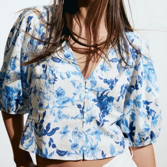 H&M linen blend puffy sleeves feminine cottage core Blue Women's Top XXL - Picture 2 of 9